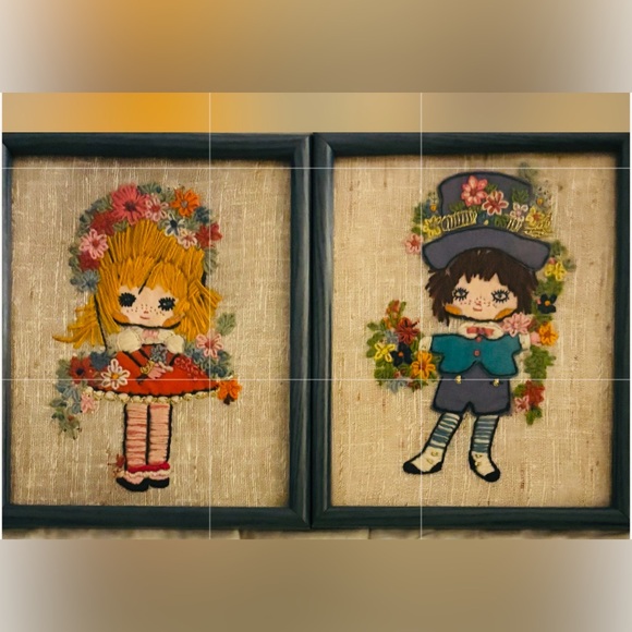 Vintage MCM Crewel Embroidery Barbara Keane's BIG EYES Boy & Girl Pair Art Work - Picture 9 of 11